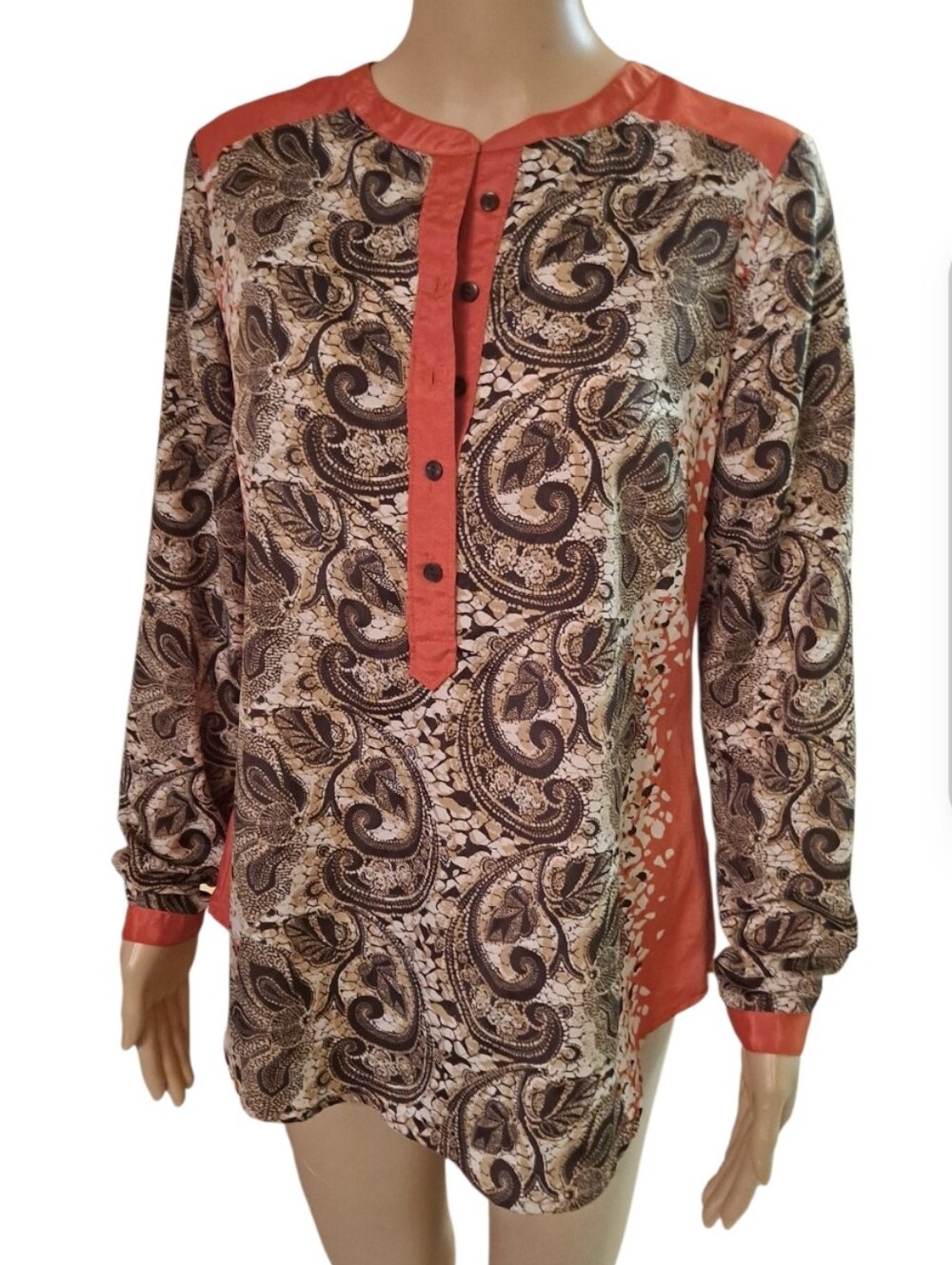 Liz Claiborne Coral and Brown Paisley Button-Up Shirt